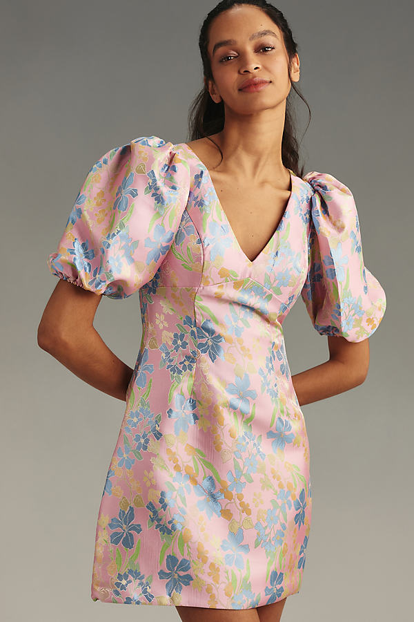Shop Mac Duggal Puff-sleeve Shine Mini Dress In Pink