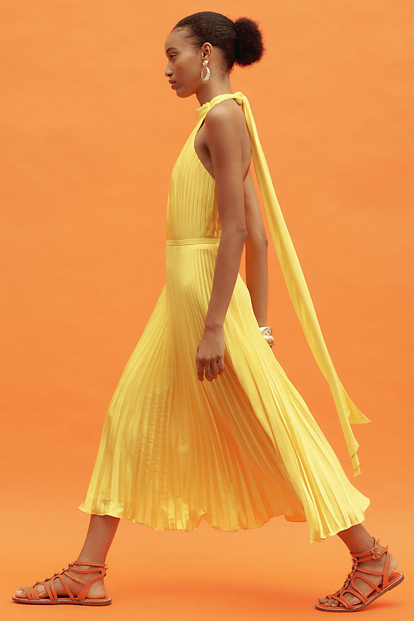 Shop Mac Duggal Halter Pleated Midi Dress In Yellow