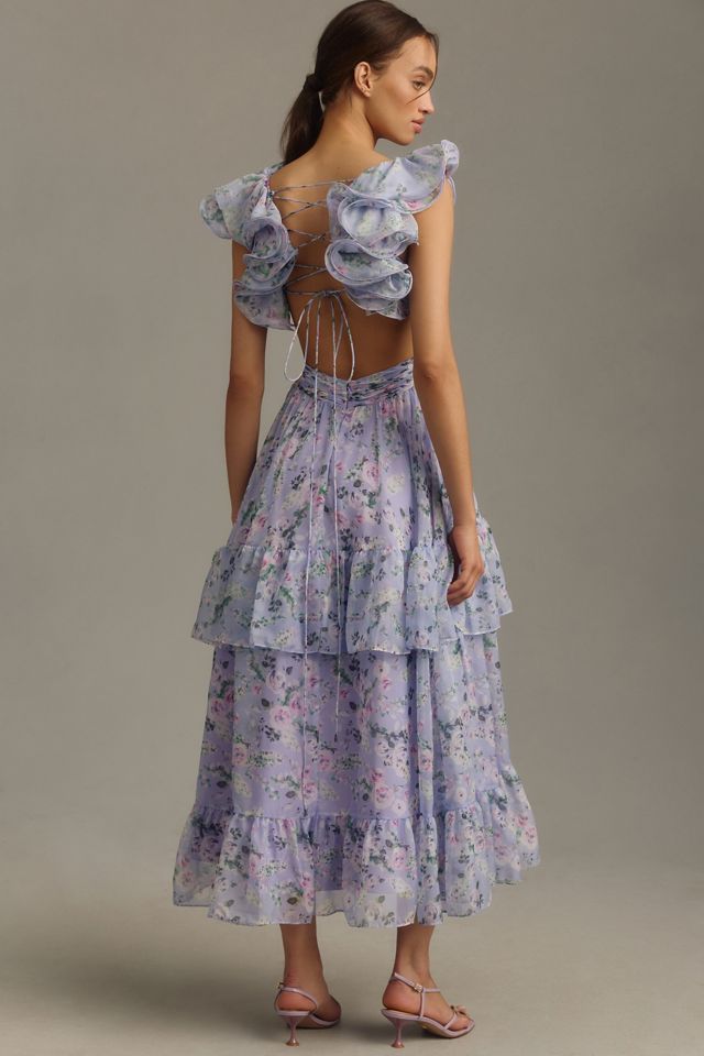 Mac Duggal Flutter-Sleeve V-Neck Tiered Midi Dress #1