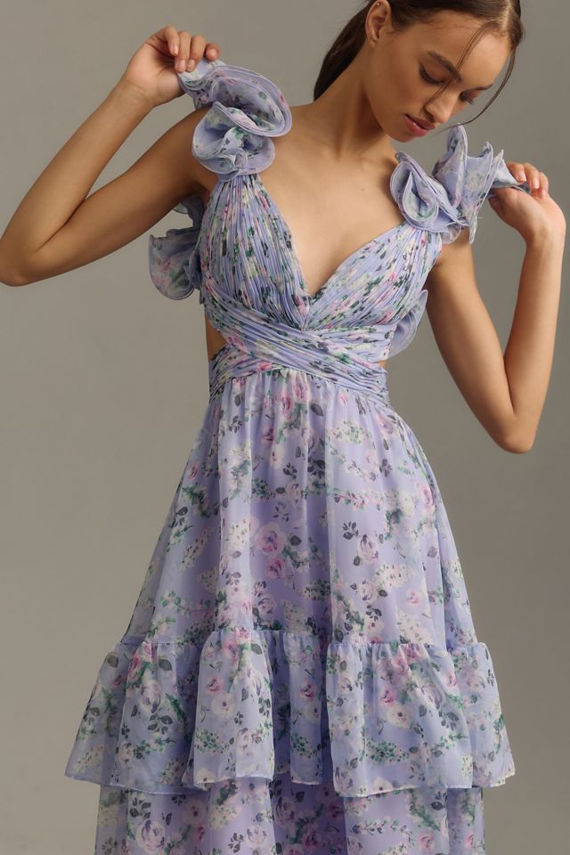 Mac Duggal Flutter-Sleeve V-Neck Tiered Midi Dress | Anthropologie