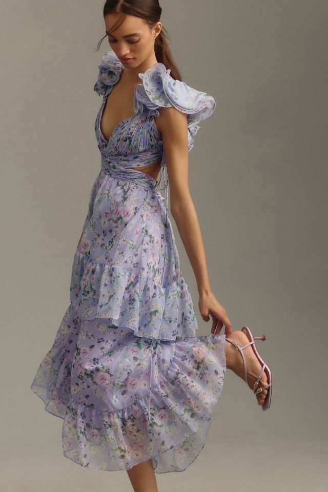 Mac Duggal Flutter-Sleeve V-Neck Tiered Midi Dress | Anthropologie