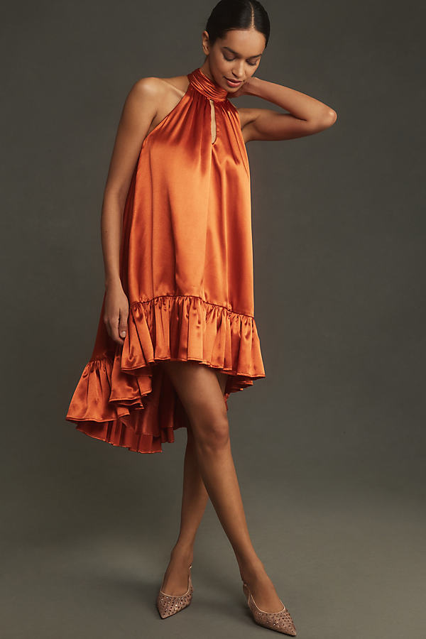 Shop Mac Duggal Halter Swing High-low Dress In Orange