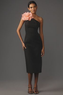 Shop Mac Duggal One-shoulder Crepe Midi Dress In Black