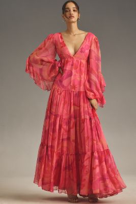 Shop Mac Duggal Long-sleeve Chiffon Ruffle Printed Maxi Dress In Pink