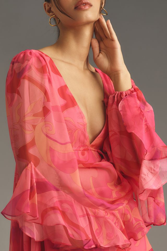 Mac Duggal Long-Sleeve Chiffon Ruffle Printed Maxi Dress #1