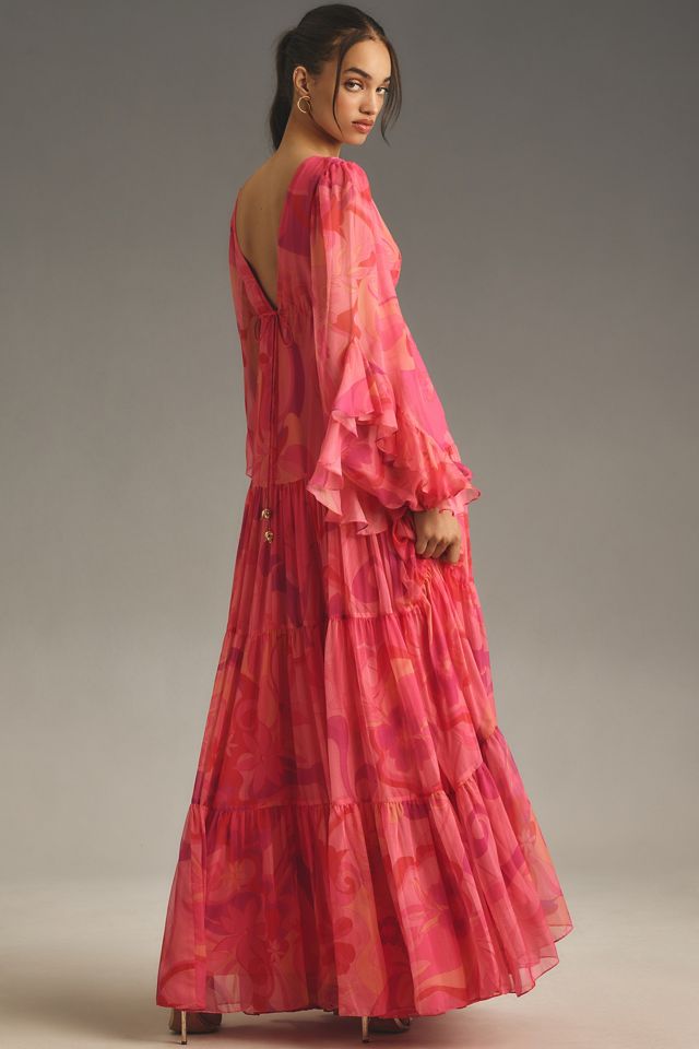Mac Duggal Long-Sleeve Chiffon Ruffle Printed Maxi Dress #2