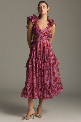Anthropologie ★ Mac Duggal Organza Pleated Tiered Gown Mac Duggal Pleated Charmeuse Strapless Tiered Maxi Dress
