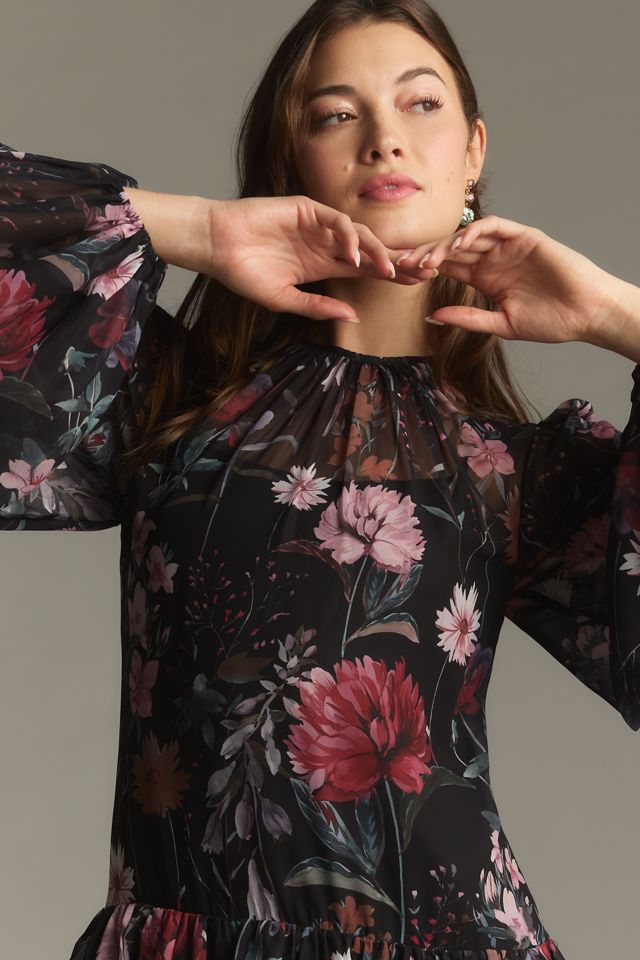 mac duggal long-sleeve ruffled chiffon mini dress Pink Long Sleeve Mock Neck Ruffle Mini Dress