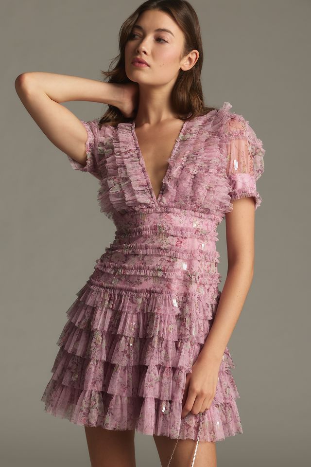 NWT popular Anthropologie Ruffled Tulle Mini Dress L $170 Purple Open Back Cocktail