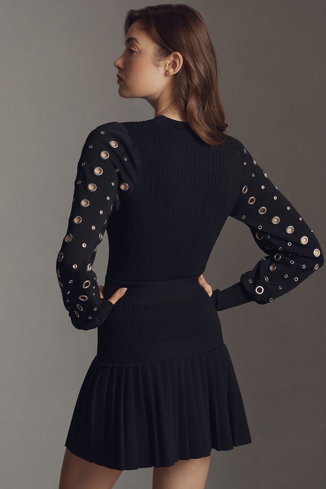 Mac Duggal Long-Sleeve Grommet Keyhole Pleated Mini Dress #1