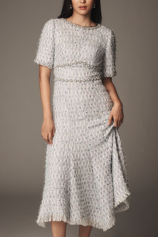 Mac Duggal Short-Sleeve Beaded Tweed Midi Dress #4