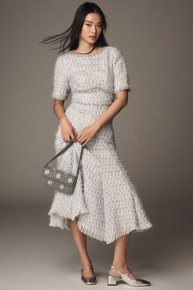 Mac Duggal Short-Sleeve Beaded Tweed Midi Dress #1