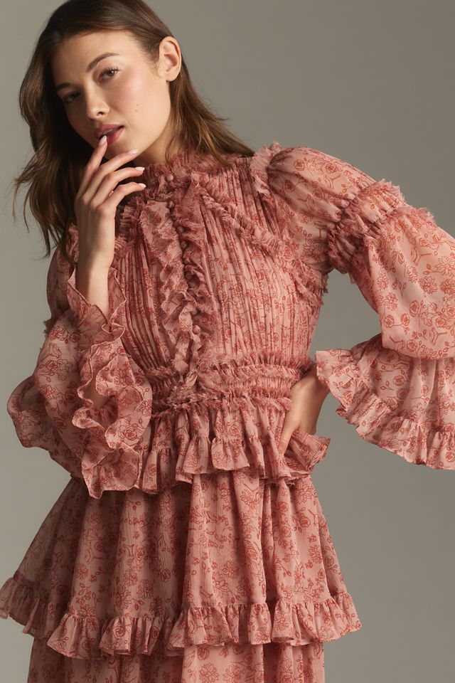 Mac Duggal Long-Sleeve Mock-Neck Ruffled Chiffon Mini Dress #1