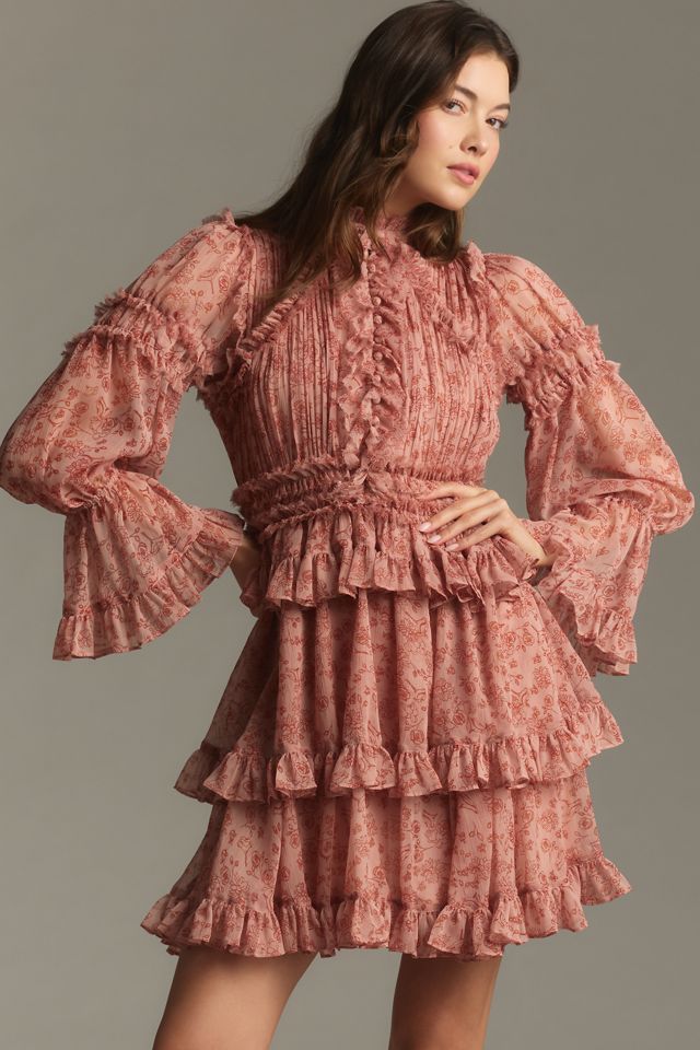 Mac Duggal Long-Sleeve Mock-Neck Ruffled Chiffon Mini Dress #3