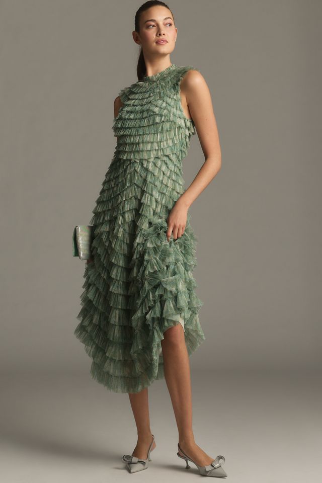 Mac Duggal Sleeveless High-Neck Micro Ruffled Midi Dress #3