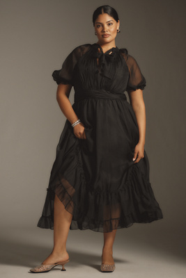 Mac Duggal Plus Short-Sleeve Ruffled Chiffon Midi Dress | Anthropologie