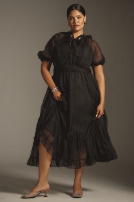 Mac Duggal Sleeveless V-Neck Tiered Ruffled Chiffon Midi