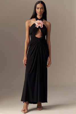 Mac Duggal Halter 3d Rosette Jersey Slim Maxi Dress In Black