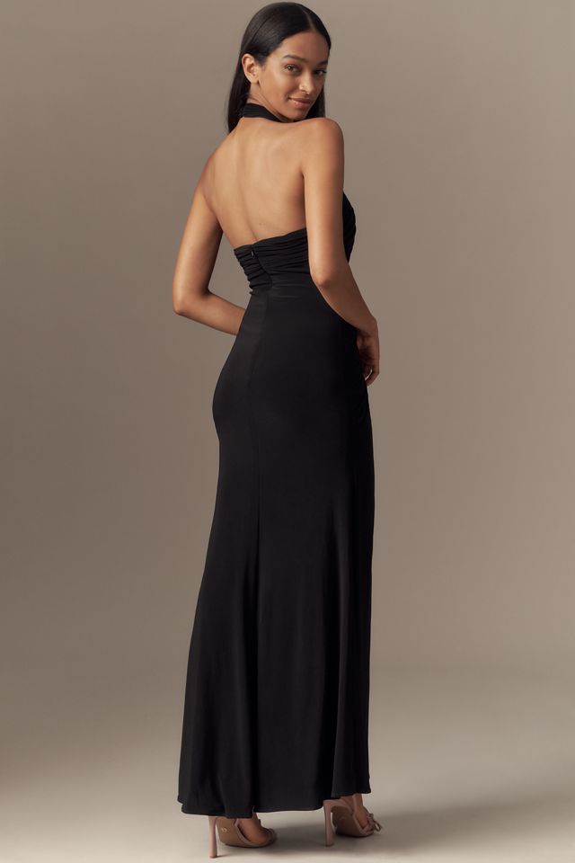 Mac Duggal Halter 3D Rosette Jersey Slim Maxi Dress