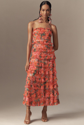 Mac Duggal Strapless Tiered Ruffled A-line Midi Dress