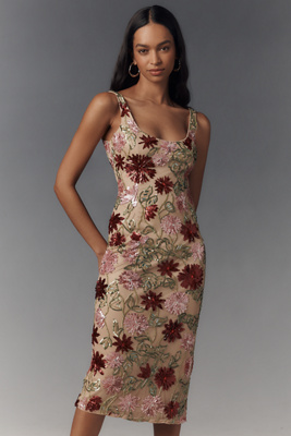 Mac Duggal Scoop-neck Floral Beaded Mesh Midi Dress In Multicolor