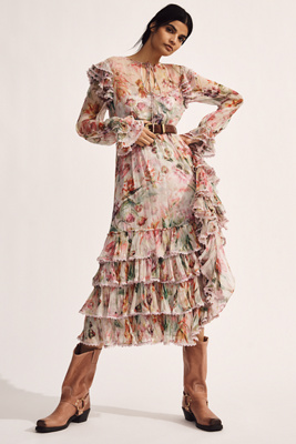 Mac Duggal Long Sleeve Tie Neck Ruffle Detail Floral Dress In Multicolor