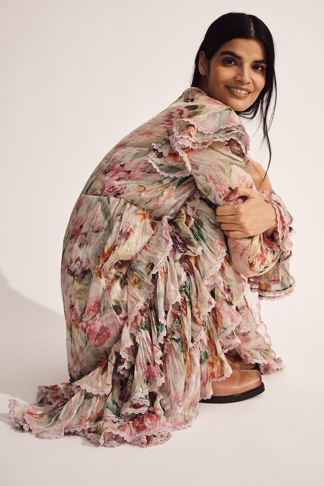 Mac Duggal Floral Chiffon Tie-Neck Tiered Midi Dress #1