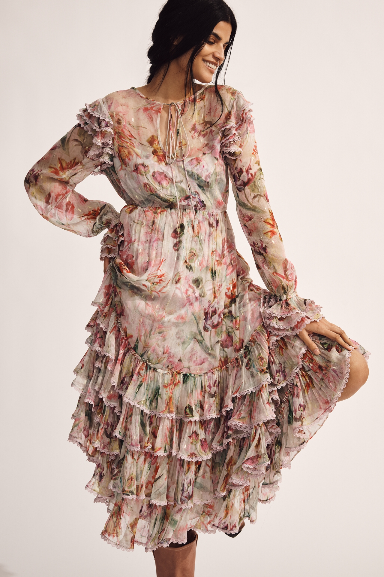 Mac Duggal Floral Chiffon Tie-Neck Tiered Midi Dress