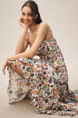 Mac Duggal Square-neck 3d Floral Tiered Maxi Dress In Multicolor