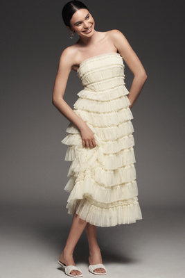 Mac Duggal Strapless Tiered Ruffled Midi Dress In Yellow