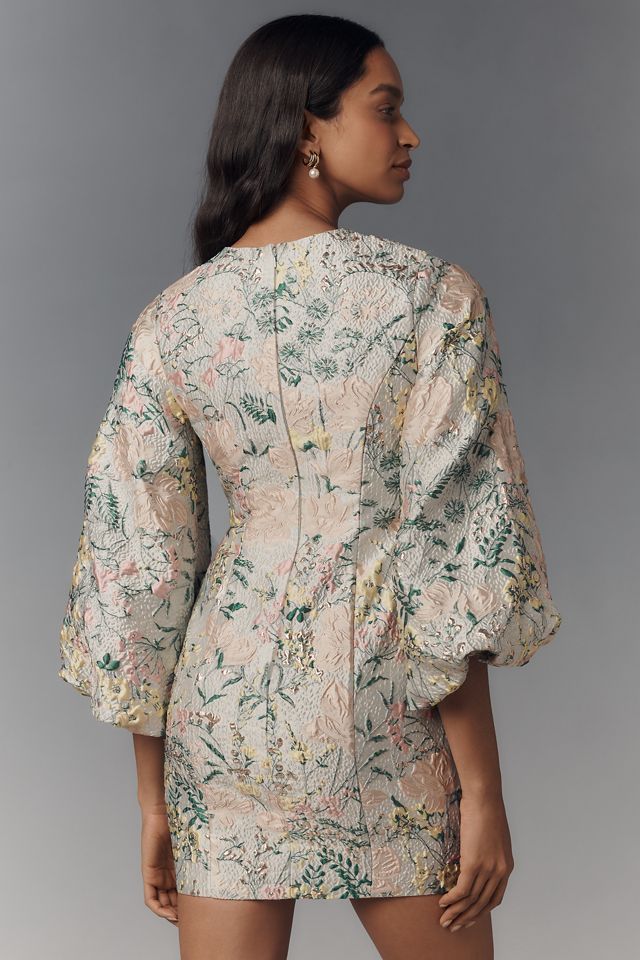 Mac Duggal Puff-Sleeve Brocade Mini Dress #2
