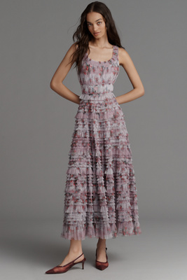 Mac Duggal Sleeveless Tiered Ruffle Floral Midi Dress In Multi