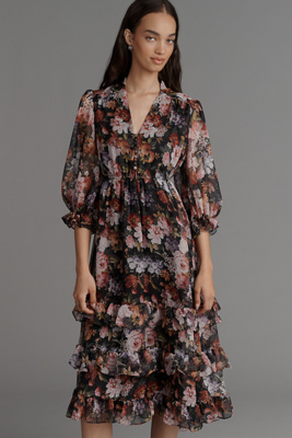 Mac Duggal V-neck Floral Chiffon Ruffle Midi Dress In Multi