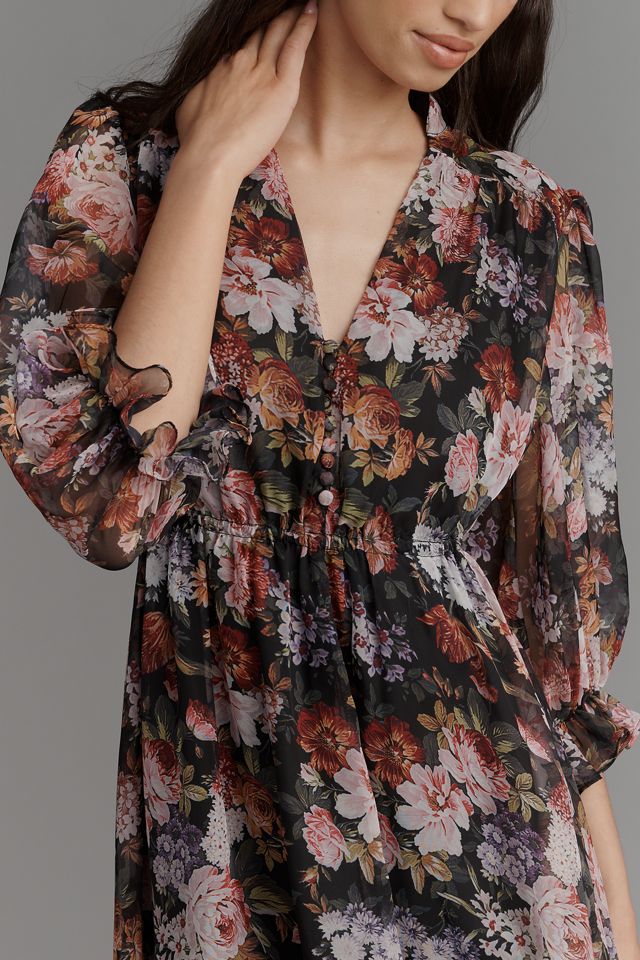 Mac Duggal V-Neck Floral Chiffon Ruffle Midi Dress #1