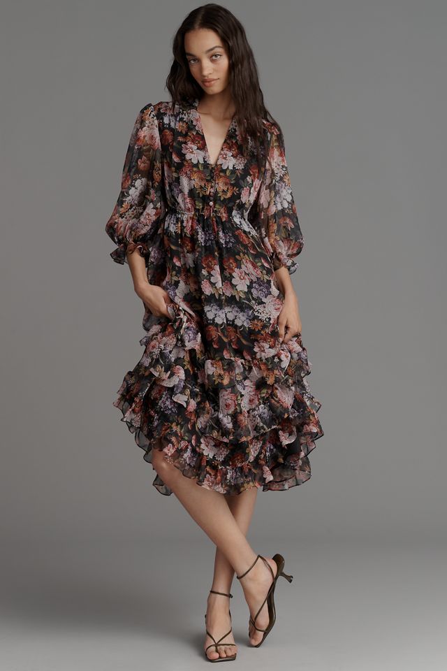 Mac Duggal V-Neck Floral Chiffon Ruffle Midi Dress #2