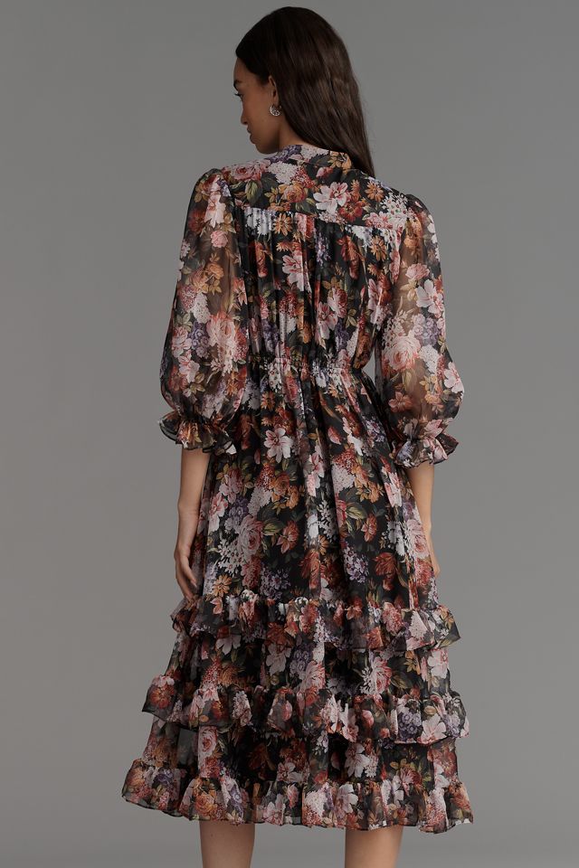 Mac Duggal V-Neck Floral Chiffon Ruffle Midi Dress #3