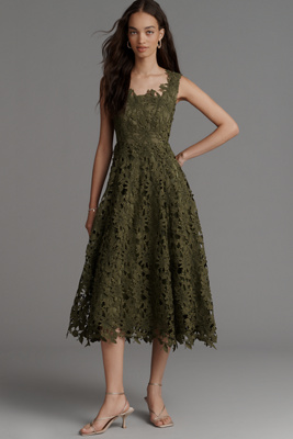 Mac Duggal Mag Duggal Lace Cutwork Midi Dress In Green