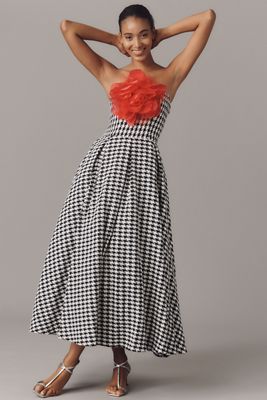 Mac Duggal Strapless 3D Flower Bouclé A-Line Midi Dress