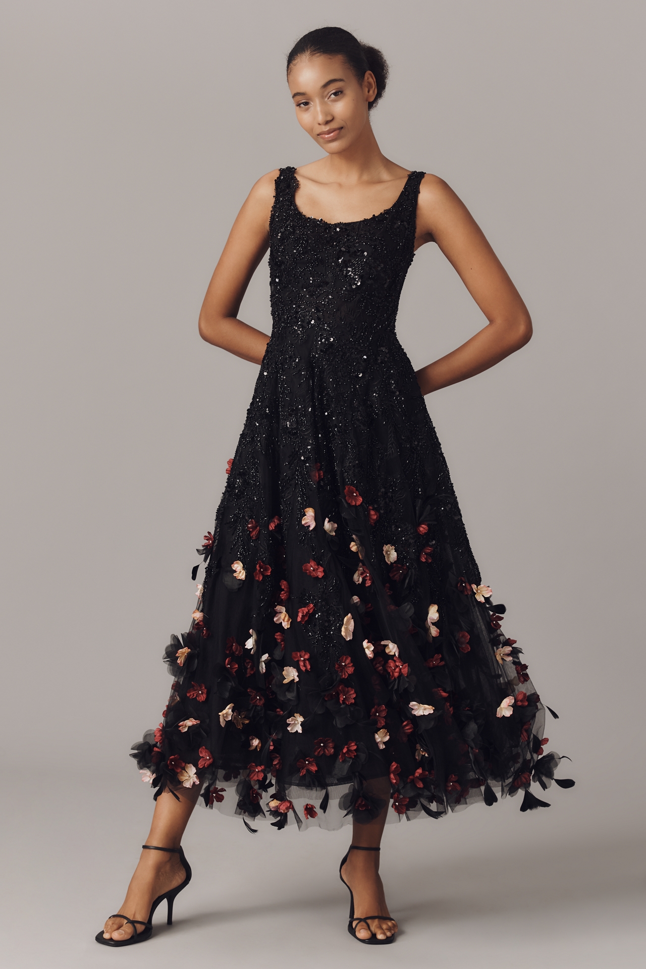 Mag Duggal Sequin Floral Appliqué Midi Dress