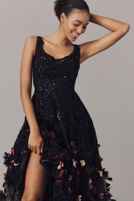 Mag Duggal Sequin Floral Appliqué Midi Dress