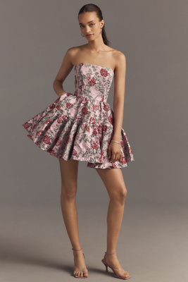 Mac Duggal Strapless Brocade Fit & Flare Mini Dress In Pink