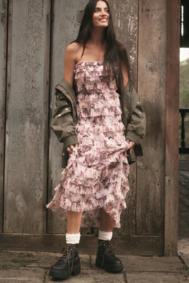 Mac Duggal Strapless Tiered Ruffled A-line Maxi Dress In Animal Print