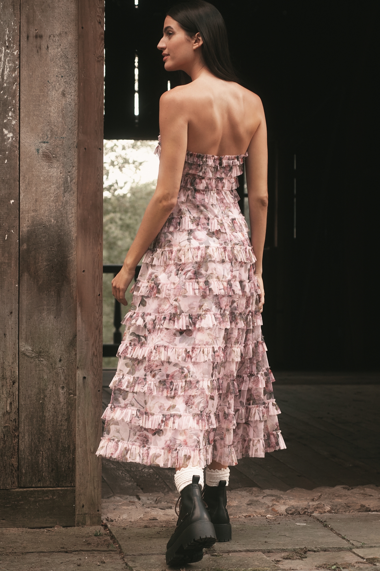 Mac Duggal Strapless Tiered Ruffled A-Line Maxi Dress