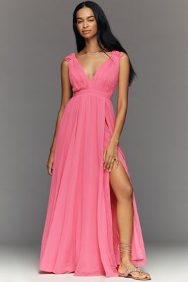 knee length dresses for ladies Shiny Pink Tulle Long Prom Dress, Spaghetti Straps Pink Formal Dress, –  abcprom