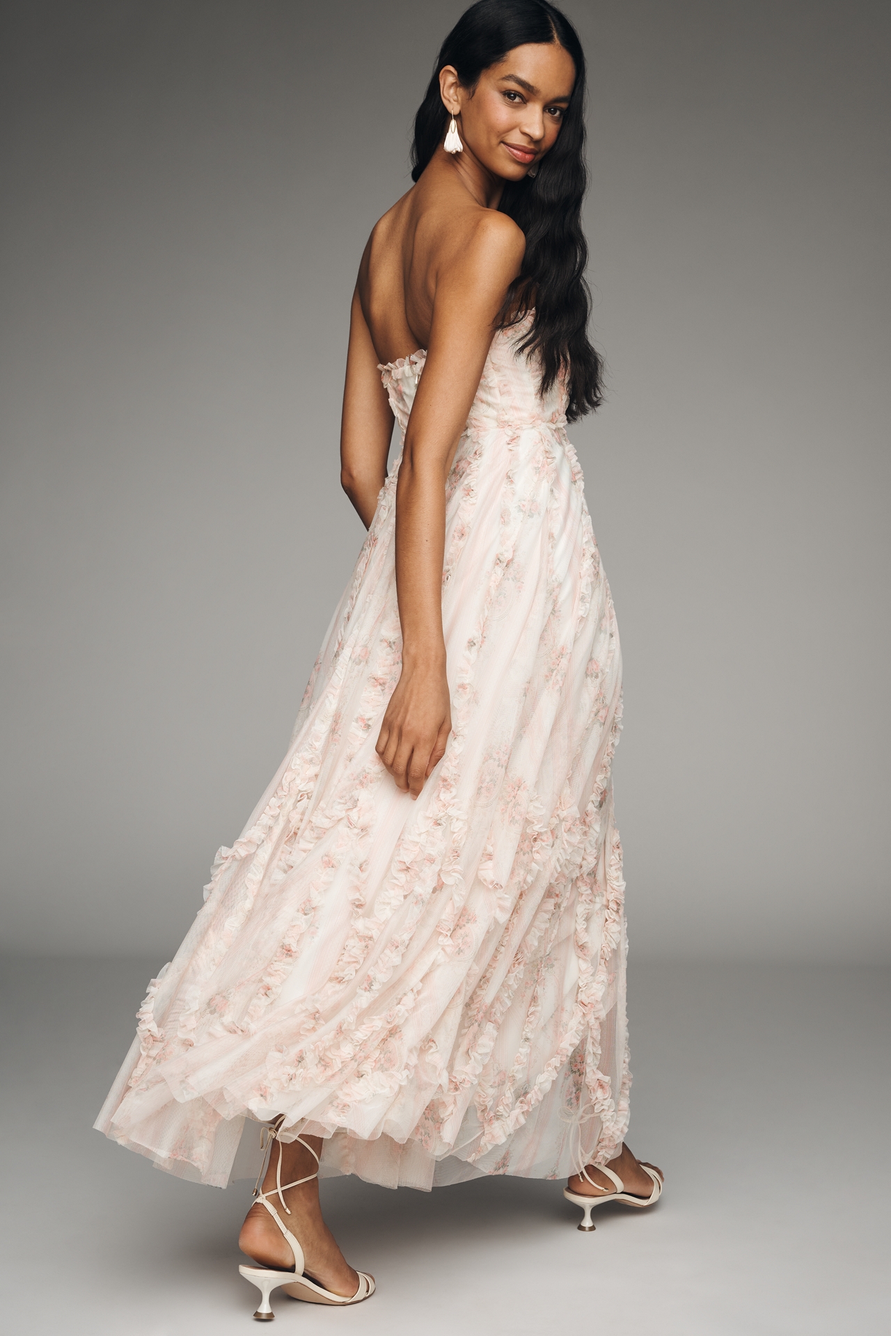 Mac Duggal Strapless Ruffle Mesh Maxi Dress