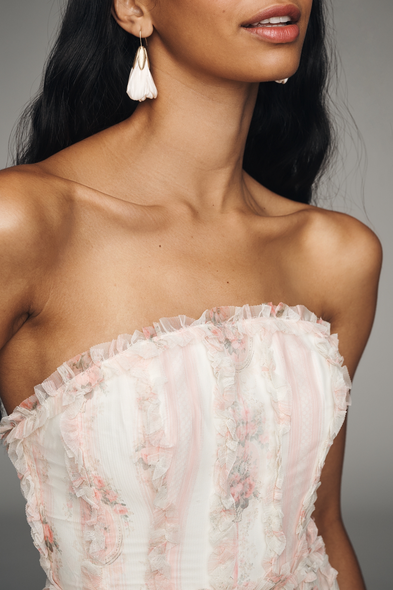 Mac Duggal Strapless Ruffle Mesh Maxi Dress