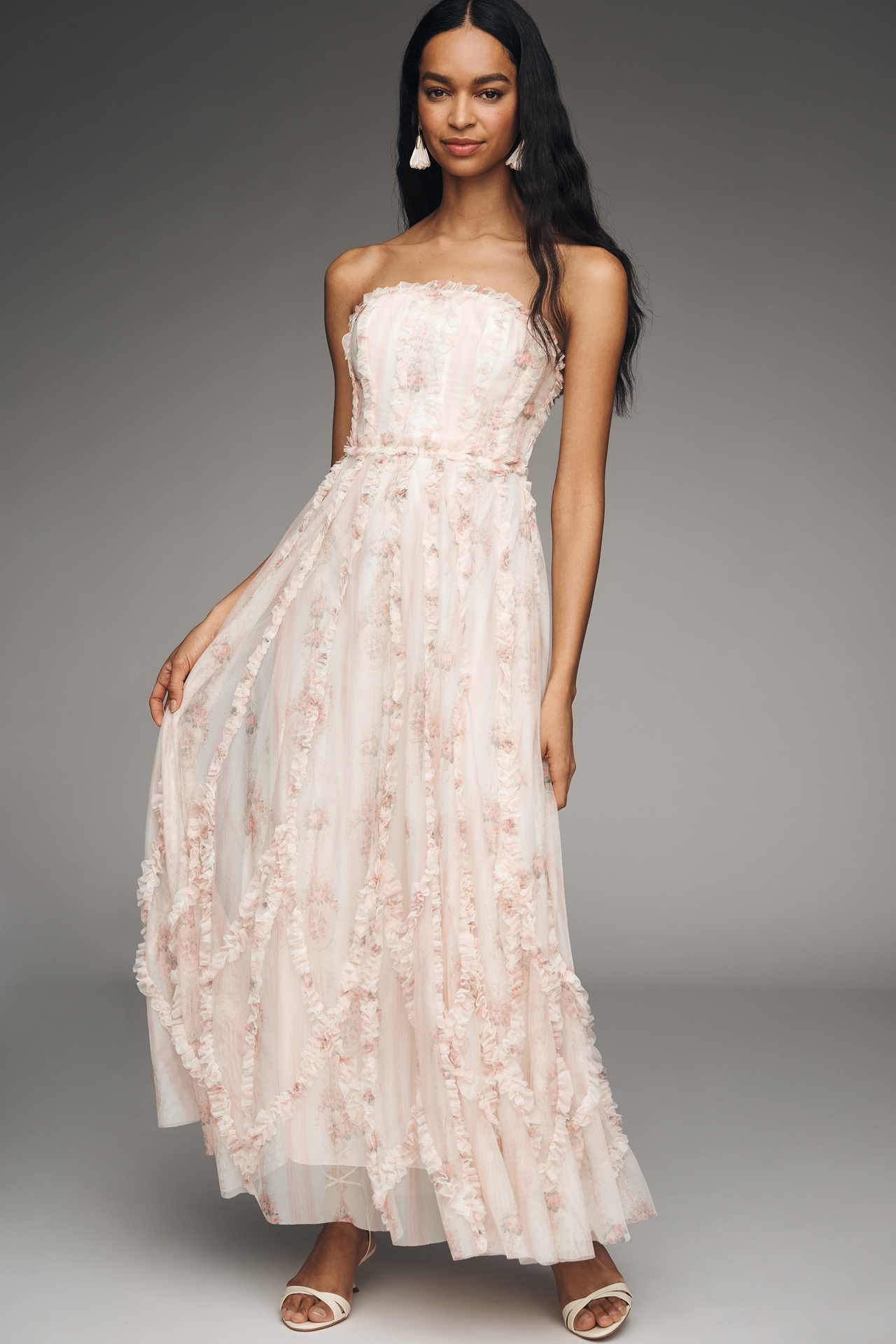 Mac Duggal Strapless Ruffle Mesh Maxi Dress