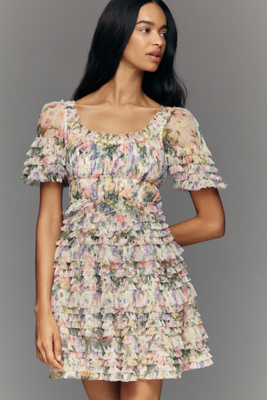 Mac Duggal Ruffle Short-Sleeve Mesh Mini Dress | Anthropologie