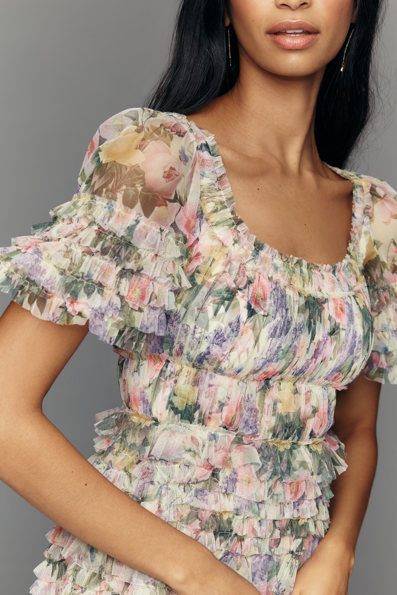 Mac Duggal Ruffle Short-Sleeve Mesh Mini Dress