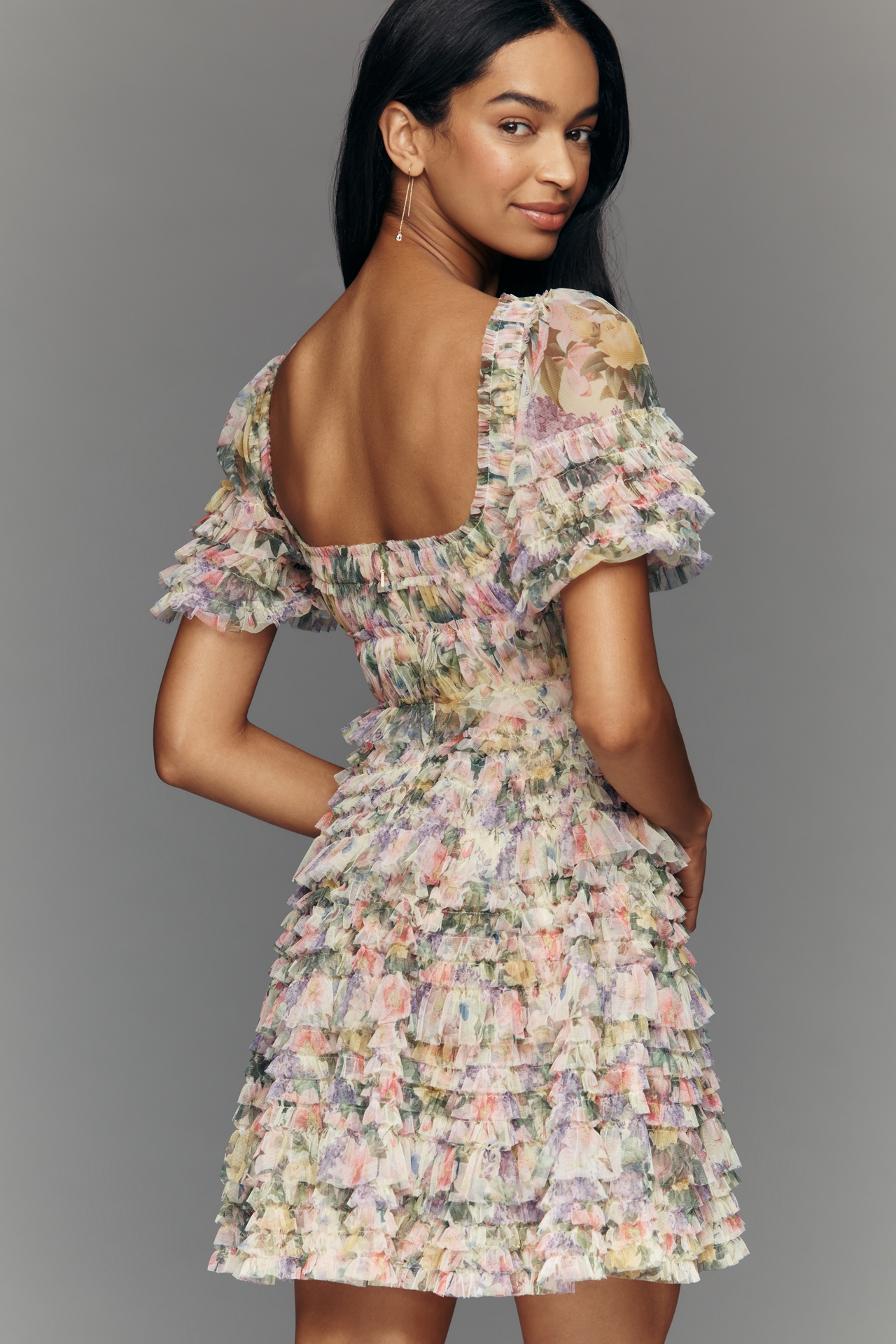 Mac Duggal Ruffle Short-Sleeve Mesh Mini Dress